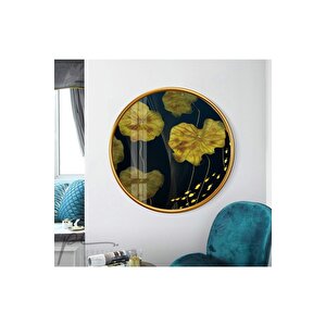 Gold Yapraklar Yuvarlak Cam Tablo 50x50 cm