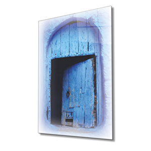 Mavi Eski Kapı Cam Tablo Blue 36x23 cm