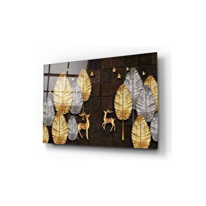 Gold Yapraklar Cam Tablo 60x90 cm