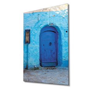 Mavi Ahşap Kapı Görselli Cam Tablo 50x70 cm