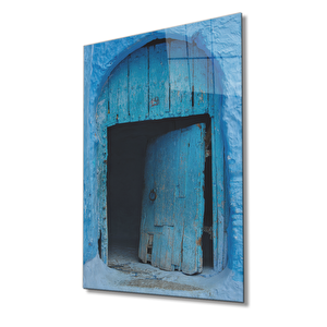 Mavi Ahşap Eski Kapı Görselli Cam Tablo 36x23 cm