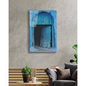 Mavi Ahşap Eski Kapı Görselli Cam Tablo 50x70 cm