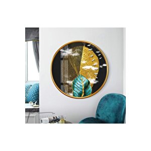 Gold Yapraklar Yuvarlak Cam Tablo 50x50 cm