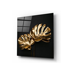 Gold Yapraklar Cam Tablo 30x30 cm
