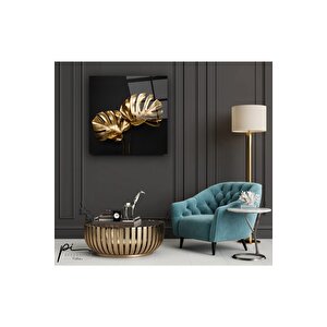 Gold Yapraklar Cam Tablo 80x80 cm