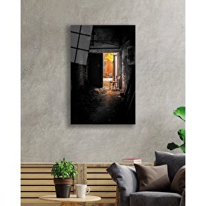 Siyah Beyazeski Kapı Görselli Dikey Cam Tablo 90x60 cm