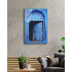 Mavi Ahşap Kapı Görselli Dikey Cam Tablo 50x70 cm