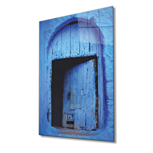 Mavi Ahşap Kapı Görselli Dikey Cam Tablo 50x70 cm