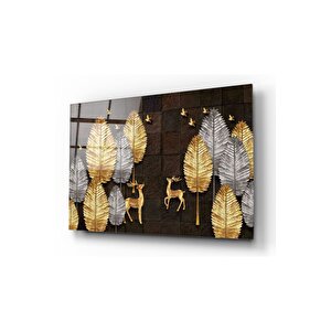 Gold Yapraklar Cam Tablo 50x70 cm