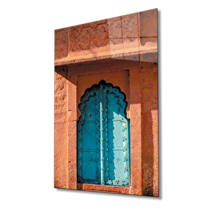 Mavi Kapı Dikey Cam Tablo 90x60 cm