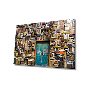 Kitap Duvarlar Ve Mavi Kapı Cam Tablo 36x23 cm