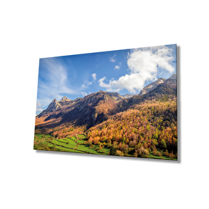 Yeşil Ağaçlı Dağ Manzarası Ve Gökyüzü Cam Tablo 110x70 cm