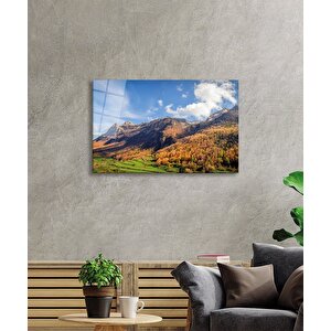 Yeşil Ağaçlı Dağ Manzarası Ve Gökyüzü Cam Tablo 110x70 cm