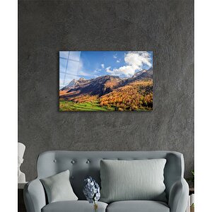 Yeşil Ağaçlı Dağ Manzarası Ve Gökyüzü Cam Tablo 36x23 cm