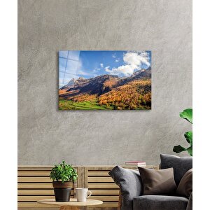 Yeşil Ağaçlı Dağ Manzarası Ve Gökyüzü Cam Tablo 90x60 cm