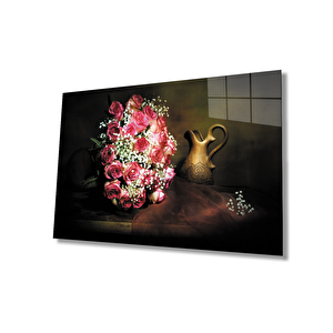 Pembe Beyaz Güller Natürmort Cam Tablo 50x70 cm