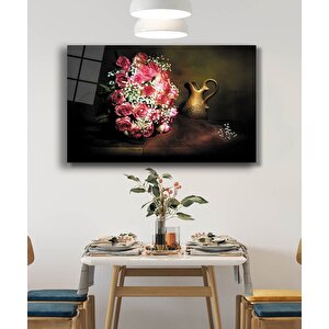 Pembe Beyaz Güller Natürmort Cam Tablo 50x70 cm