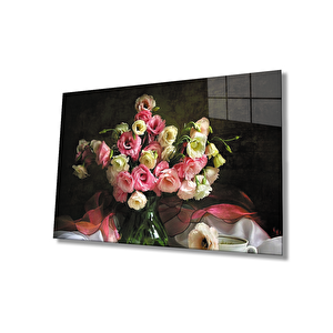 Pembe Beyaz Güller Natürmort Cam Tablo 36x23 cm