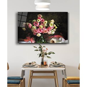 Pembe Beyaz Güller Natürmort Cam Tablo 36x23 cm