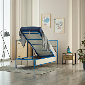 Gleam Tek Kişilik Kumaş Başlıklı Sandıklı Baza Başlık Yatak Set - Mavi 90x190 cm
