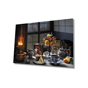 Sarı Güller Yağmur Gaz Lamba Görselli Natürmort Cam Tablo 36x23 cm
