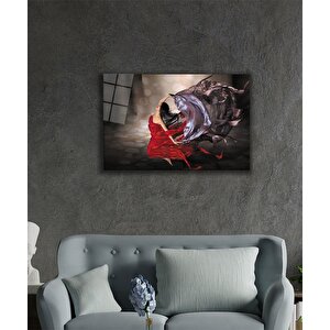 Kırmızı Dans Eden Kadın Uçuşan Tüller Cam Tablo 50x70 cm