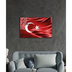 Kırmızı Dalgalı Türk Bayrağı Cam Tablo Ev Ve Ofis Duvar Dekoru 90x60 cm