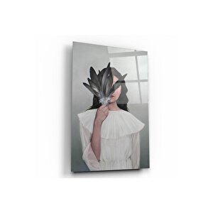 Kadın Ve Kuş Tüyü Cam Tablo 70x110 cm