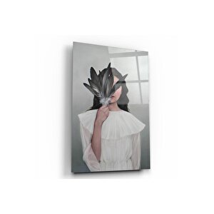 Kadın Ve Kuş Tüyü Cam Tablo 50x70 cm