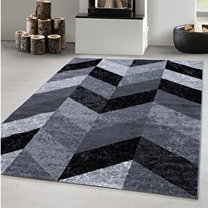 Modern Desenli Halı Geometrik Kareli Tasarım Siyah Gri Beyaz 120x170 cm
