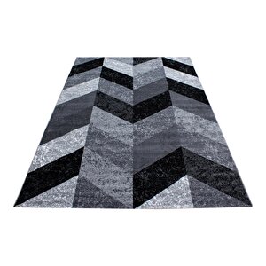 Modern Desenli Halı Geometrik Kareli Tasarım Siyah Gri Beyaz 80x150 cm