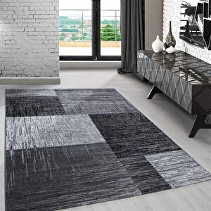 Tasarım Kısa Tüylü Halı, Kareli Tasarım, Benekli Siyah, Oturma Odası Halısı 80x300 cm