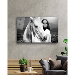 Siyah Beyaz İnsan Fotoğrafları Kadın Ve Atand Horse 50x70 cm