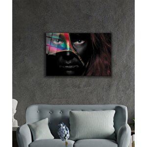 Siyahtan Soyunup Renklere Açılan Fermuarlı Kadın Yüzü Cam Tablo 36x23 cm