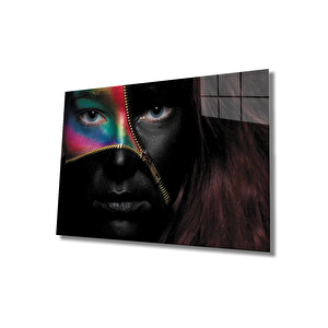 Siyahtan Soyunup Renklere Açılan Fermuarlı Kadın Yüzü Cam Tablo 50x70 cm