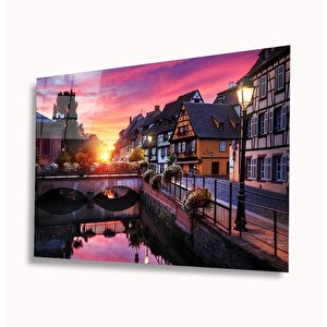 Köprü Yansıma Ve Evler Cam Tablo 36x23 cm