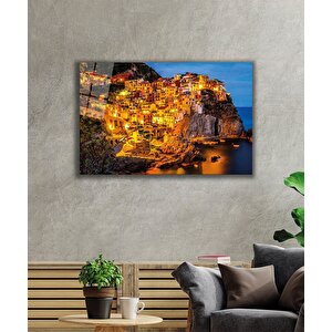 Dağ Işıklı Evler Cam Tablo Mountain Houses 110x70 cm