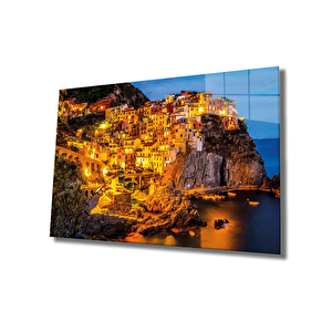 Dağ Işıklı Evler Cam Tablo Mountain Houses 50x70 cm