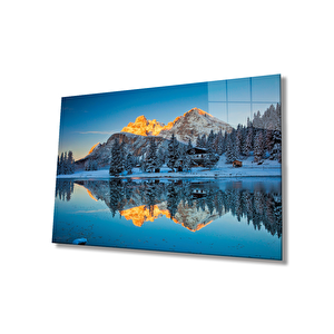 Mavi Dağ Yansıma Manzarası Cam Tablo Ev Ve Ofis Duvar Dekoru 110x70 cm