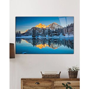 Mavi Dağ Yansıma Manzarası Cam Tablo Ev Ve Ofis Duvar Dekoru 36x23 cm