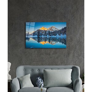 Mavi Dağ Yansıma Manzarası Cam Tablo Ev Ve Ofis Duvar Dekoru 36x23 cm