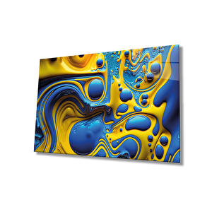 Mavi Sarı Soyut Cam Tablo Ev Ve Ofis Duvar Dekoru 90x60 cm