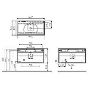 Vitra Frame 61233 Lavabo Dolabı Çift Çekmeceli, Etajerli Lavabolu 100cm, Mat S.siyah - H. Siyah Meşe
