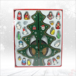 20 Parça Süslü Ahşap 27cm Mini Yılbaşı Ağaç Seti - Yeşil