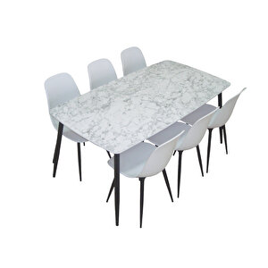Yemek Masası Mutfak Masası 90x167 Cm Metal Ayaklı Beyaz Masa, 6 Adet Abant Metal Ayaklı Sandalye