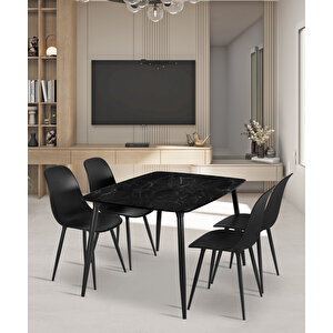 Yemek Masası Mutfak Masası 90x120 Cm Metal Ayaklı Siyah Masa, 4 Adet Abant Metal Ayaklı Sandalye