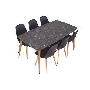 Yemek Masası Mutfak Masası 90x167 Cm Ahşap Ayaklı Siyah Masa, 6 Adet Abant Ahşap Ayaklı Sandalye