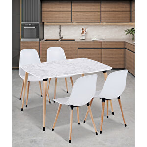 Yemek Masası Takımı Mutfak Masası 90x120 Cm Ahşap Ayaklı Beyaz Masa 4 Adet Abant Beyaz Sandalye