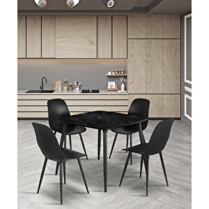 Yemek Masası Mutfak Masası 90x90 Kare Metal Ayaklı Siyah Masa, 4 Adet Abant Metal Ayaklı Sandalye