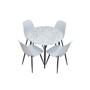 Yemek Masası Mutfak Masası 90q Yuvarlak Metal Ayaklı Beyaz Masa, 4 Adet Abant Metal Ayaklı Sandalye